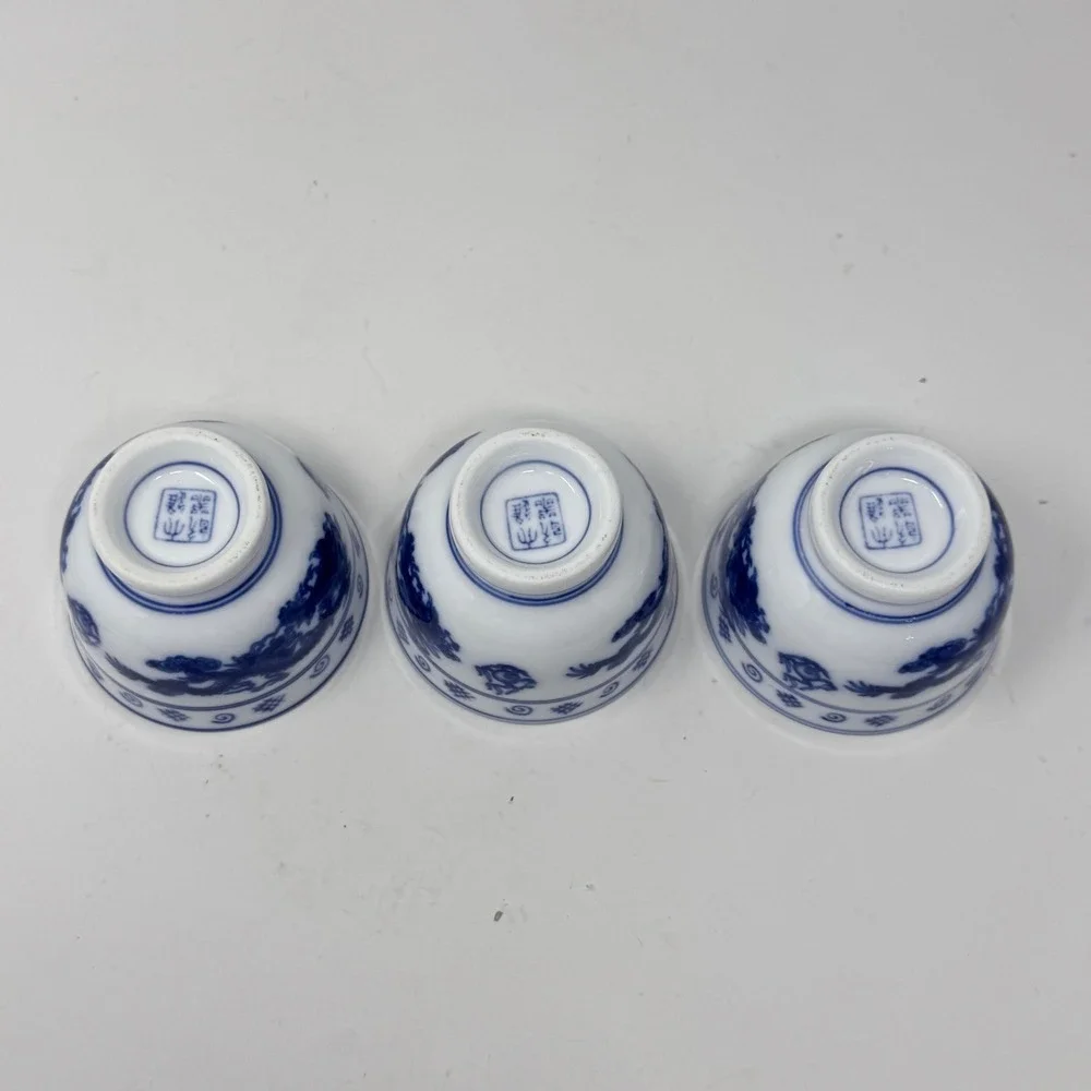 Set of 3 Blue & White Porcelain Dragon Bowls